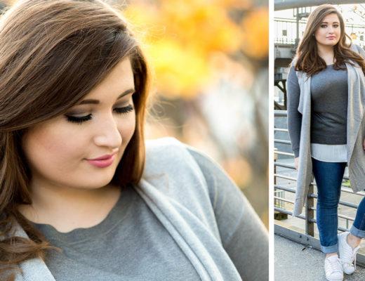 SchönWild Plus Size Model mit grauem Shirt, grauer Weste, Jeans und Adidas Superstars in Hamburg im Herbst